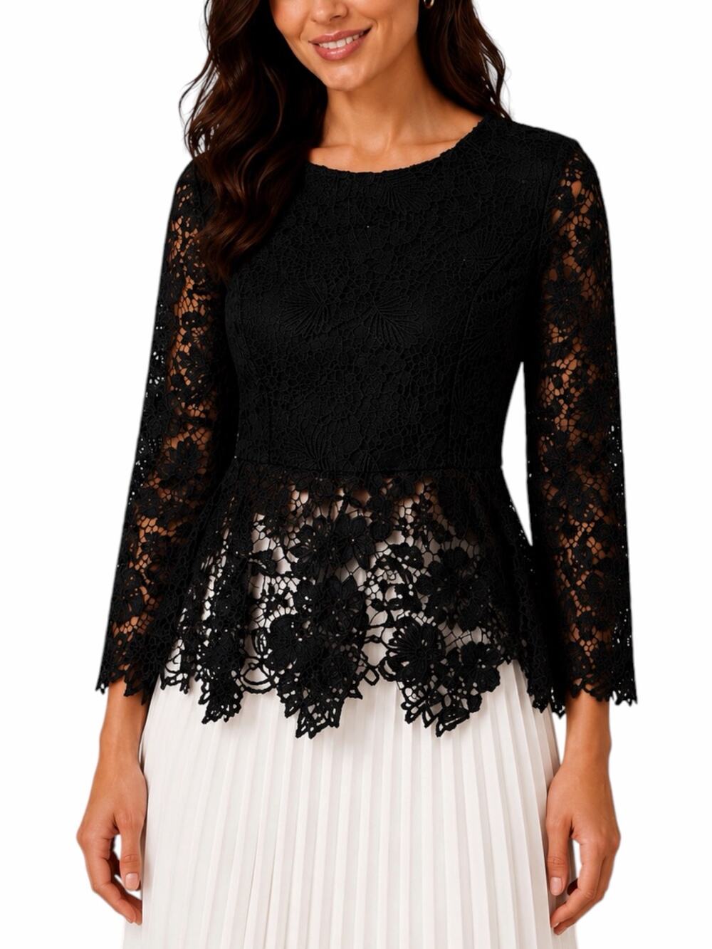 Moshita Couture Lace Embellished Peplum Hem Evening Blouse Black Size 6